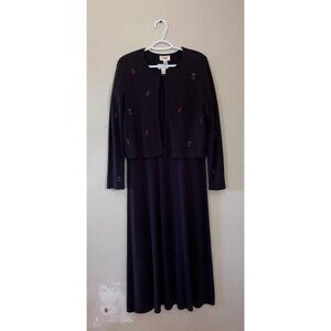 Vintage Talbots Womens Medium Black Dress Button Up Cardigan Flowers Long Sleeve